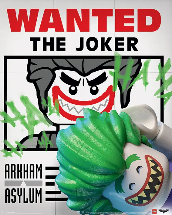 A wanted poster for The Joker features his LEGO minifigure version in the center, with a green fist smashing into the…