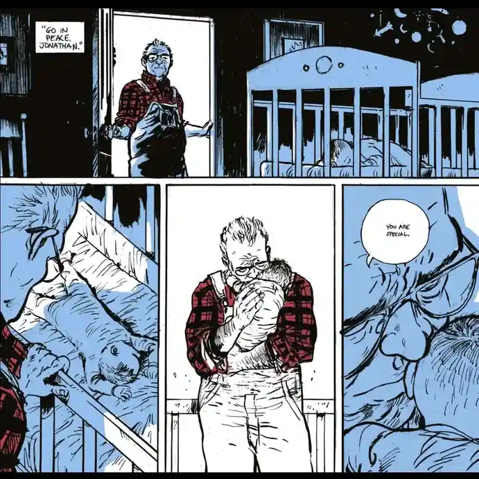 A comic strip panel shows an elderly man in a red plaid shirt and overalls standing in a doorway saying 'GO IN PEACE…
