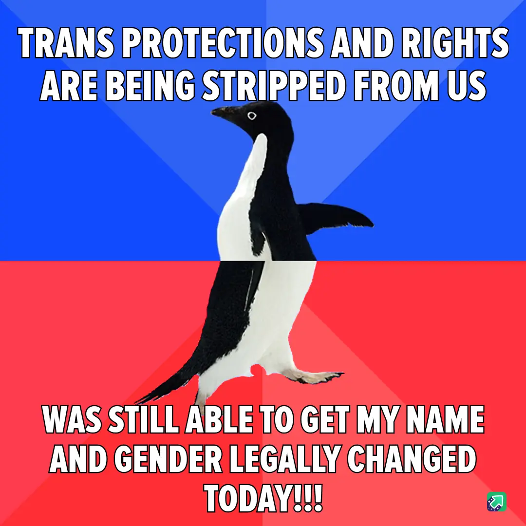 A penguin stands centered against a blue and red background, with bold white text at the top stating 'TRANS PROTECTIONS AND…