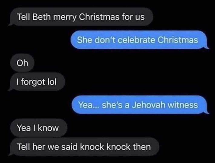 A screenshot of a text message conversation where one person asks to send Christmas greetings to Beth, who is revealed to be…