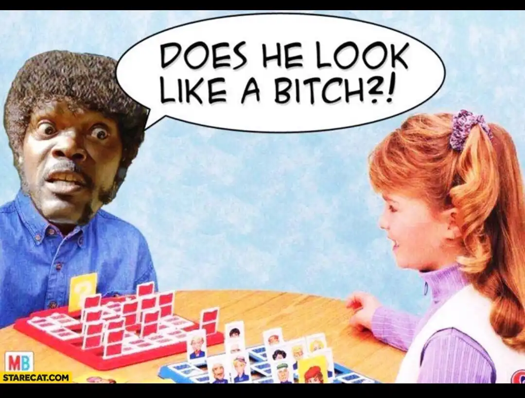 A man with an exaggerated, shocked facial expression and afro hairstyle is shown at a game table, asking a young girl with…