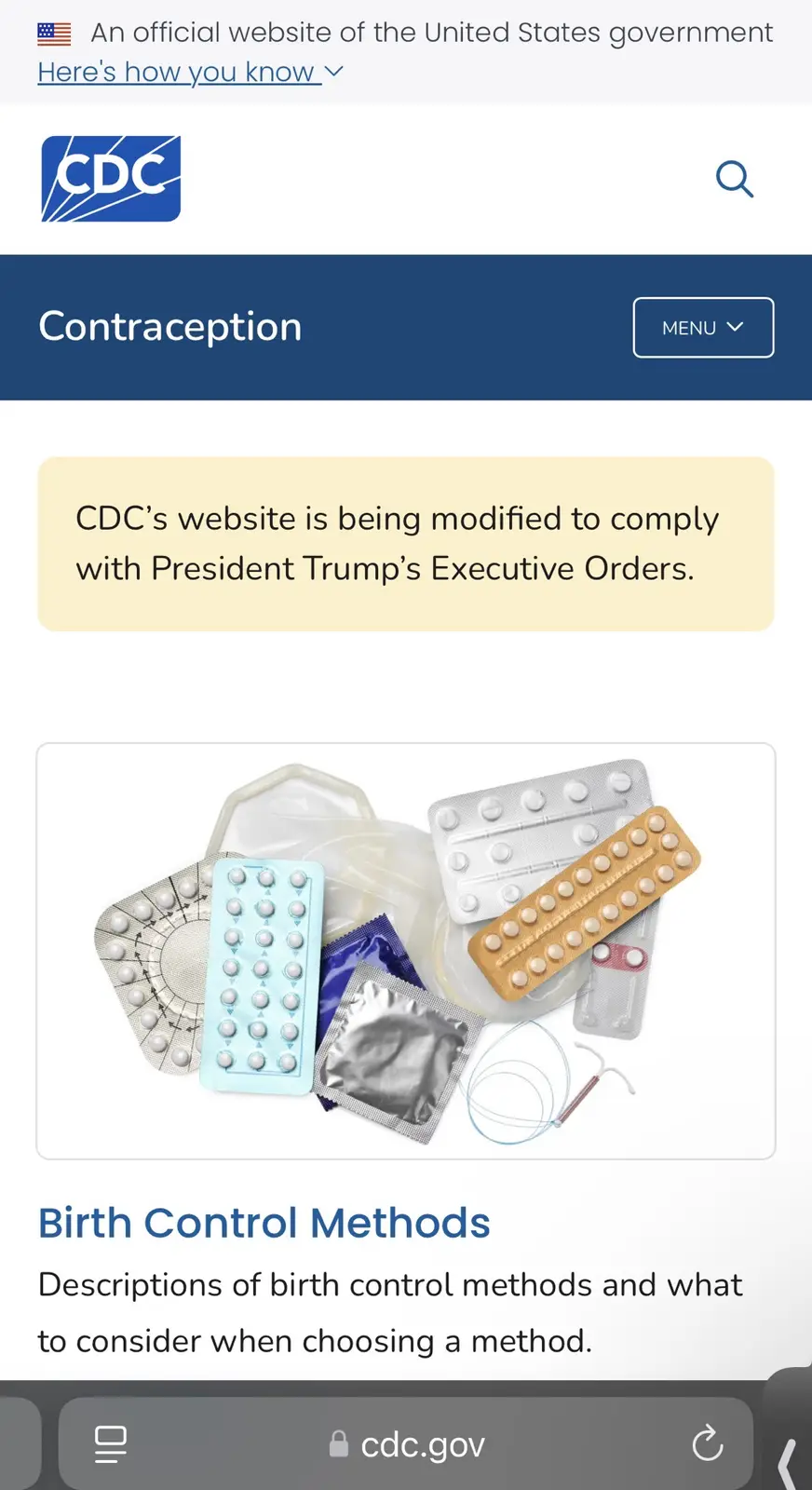 A screenshot of the CDC website's contraception page, showing various birth control methods like pills, condoms, and an IUD…