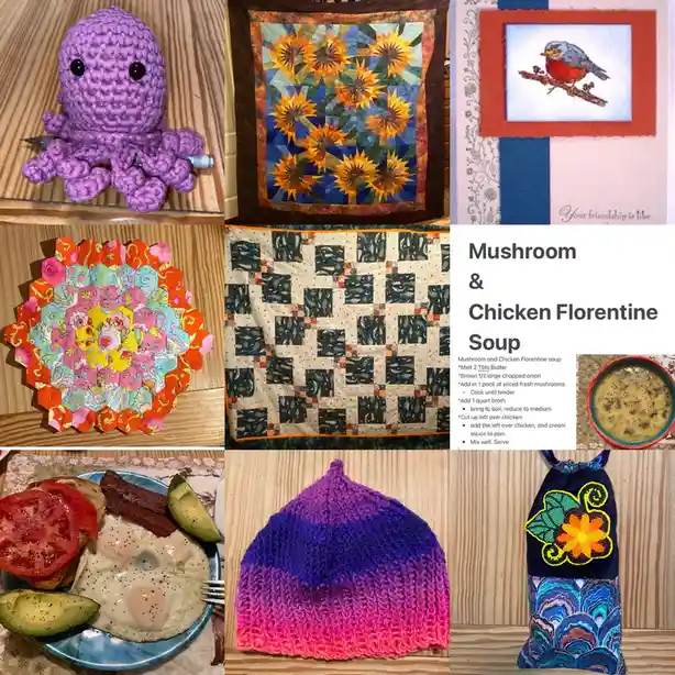 A collage of eight handmade crafts and food items, including a purple crocheted octopus, sunflower quilts, a bird…