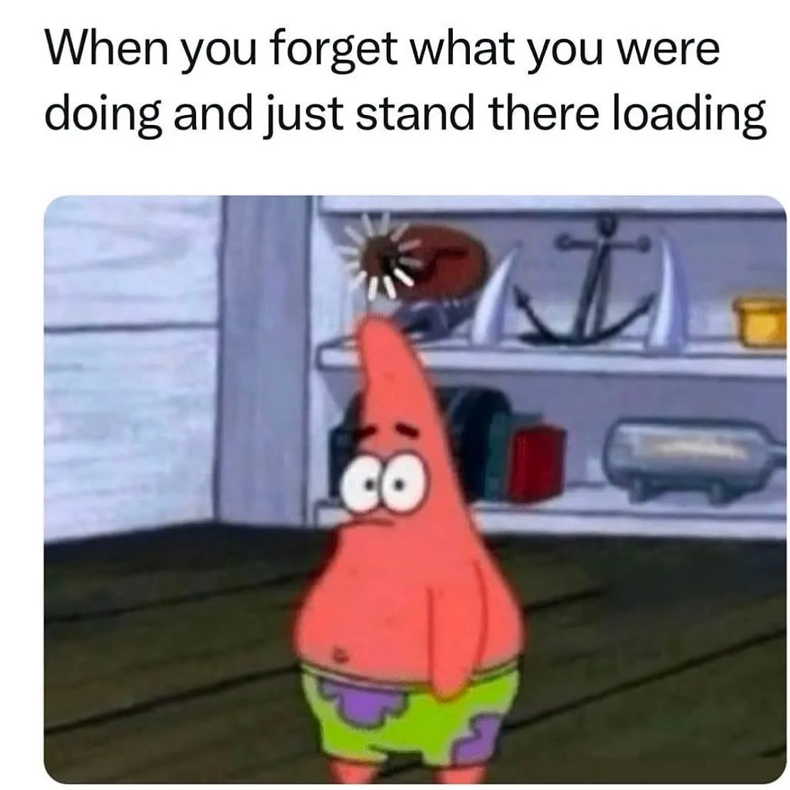 A still image of Patrick Star from SpongeBob SquarePants standing in a room with a confused or dazed expression, his eyes…