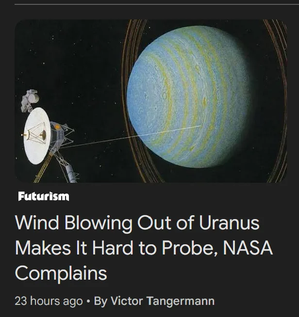 An image of a space probe with a large dish antenna positioned next to the planet Uranus, which has visible rings and…