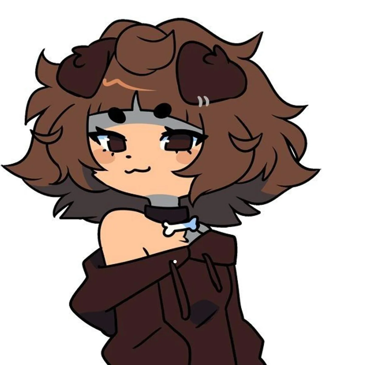 A chibi-style cartoon character with brown, shaggy hair and a grey headband, wearing a dark brown hoodie and a collar with a…