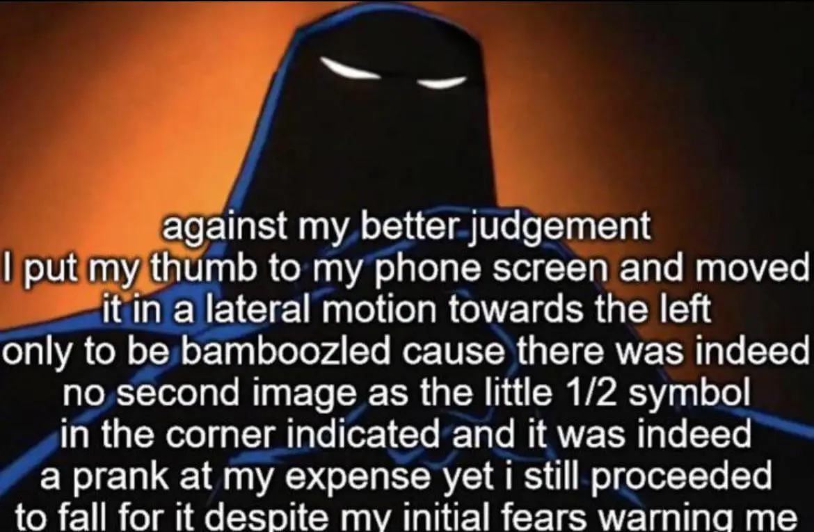 A black, hooded, cartoonish figure with glowing white eyes stares forward against an orange gradient background. White text…