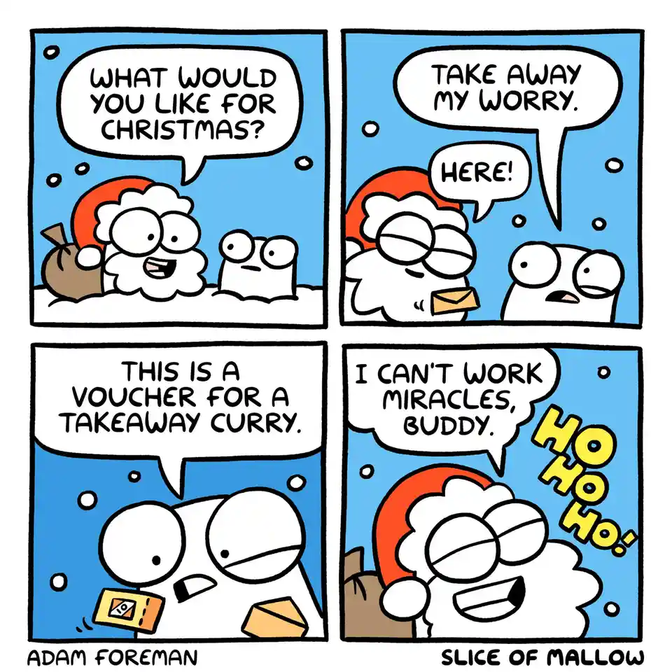 A four-panel comic strip shows a cartoon Santa Claus asking a small, simple creature what it wants for Christmas. The…