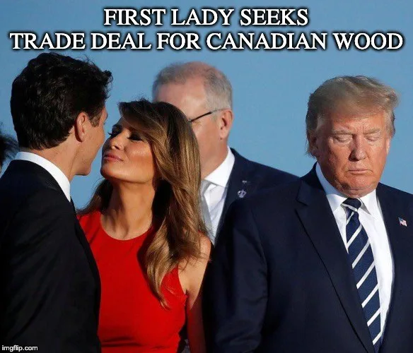 A photo shows Melania Trump looking up at Justin Trudeau while Donald Trump looks down with a displeased expression. The…