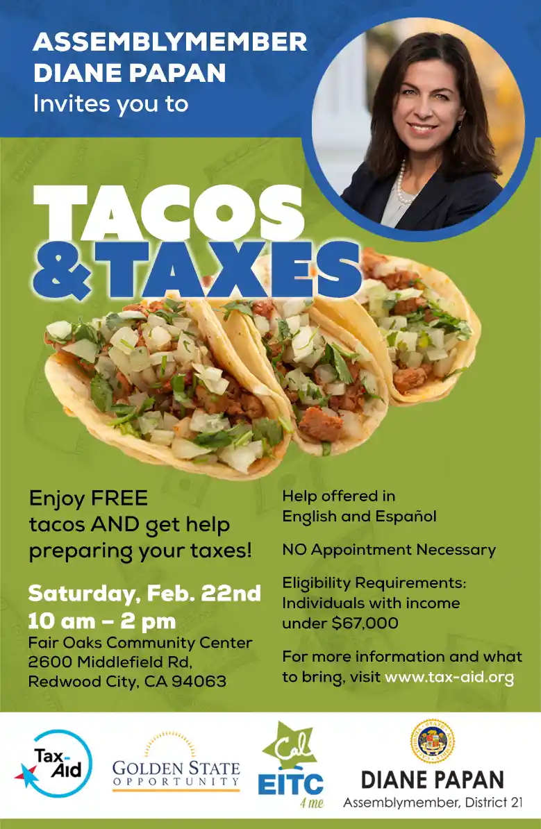 A promotional flyer for Assemblymember Diane Papan's 'Tacos & Taxes' event, featuring a photo of her smiling in a suit…