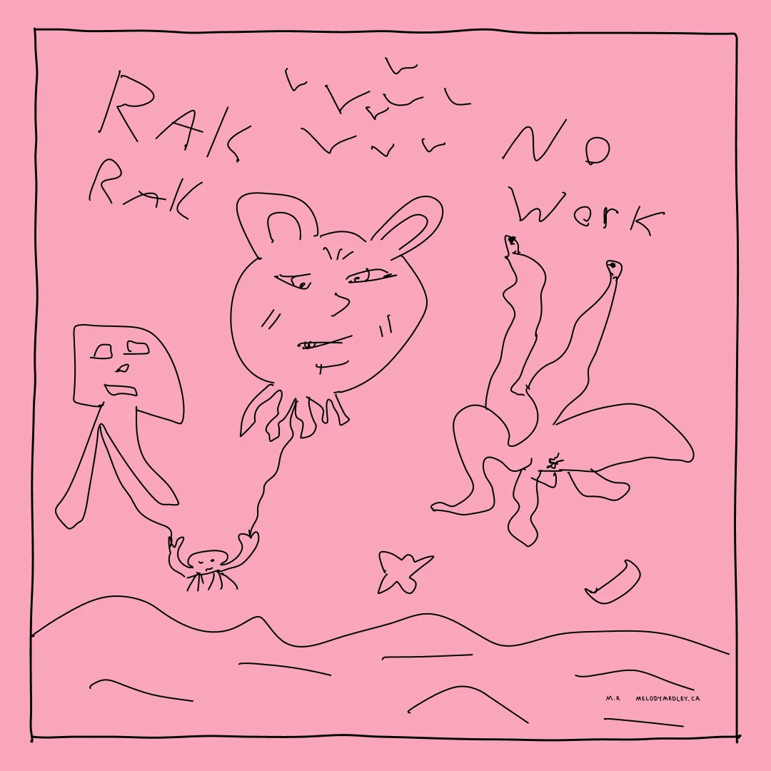A simple black-line drawing on pink background shows three cartoonish sea creatures: a crab, a jellyfish with a grumpy face…
