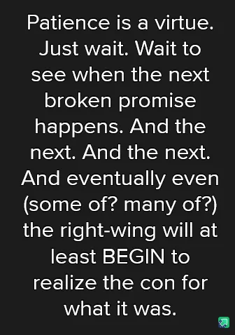 A black background with white text that reads: 'Patience is a virtue. Just wait. Wait to see when the next broken promise…