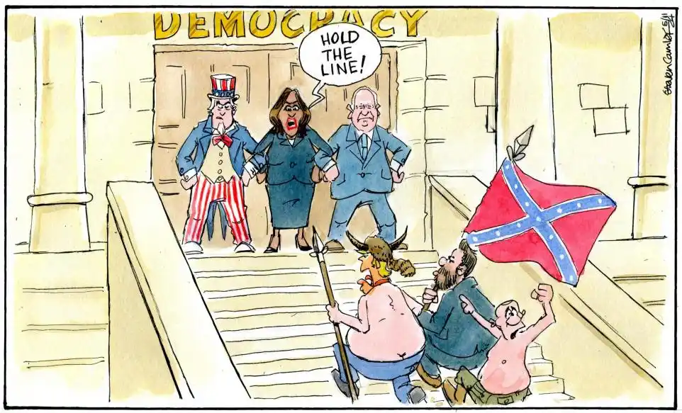 A cartoon shows three figures—Uncle Sam, a woman in a suit, and an older man in a suit—standing at the top of stairs leading…