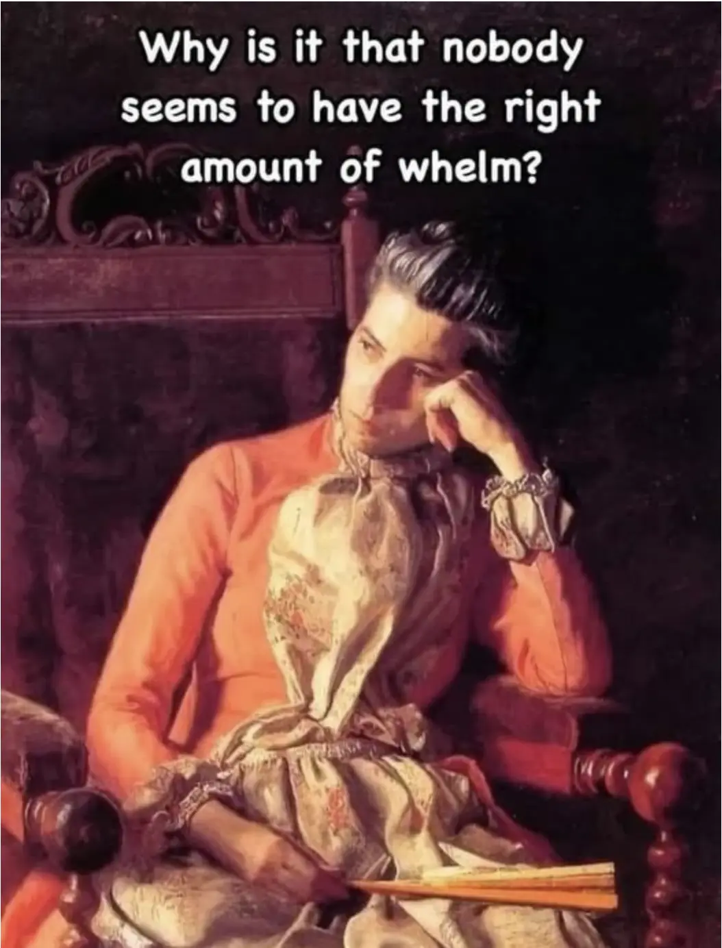 A classical painting depicts a person in 18th-century attire sitting in a wooden chair, resting their head on their hand in…