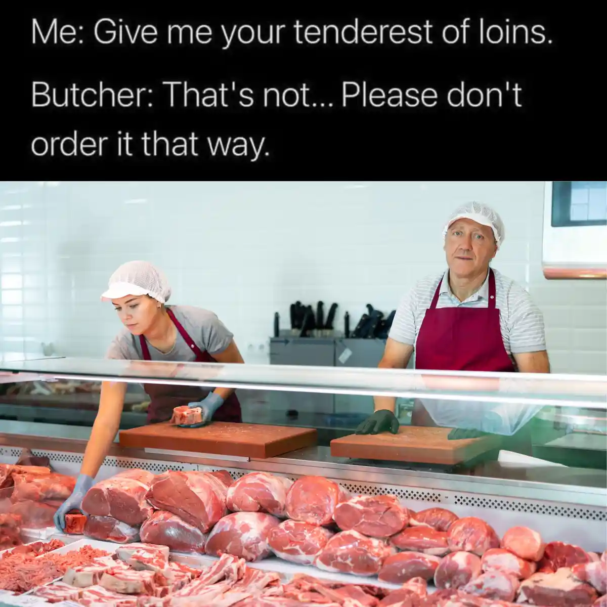 A photo of two butchers behind a glass counter in a meat shop, surrounded by various cuts of raw red meat. The text overlaid…