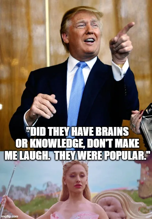 The image is a two-panel meme. The top panel shows Donald Trump in a suit, pointing and smiling. The bottom panel shows a…