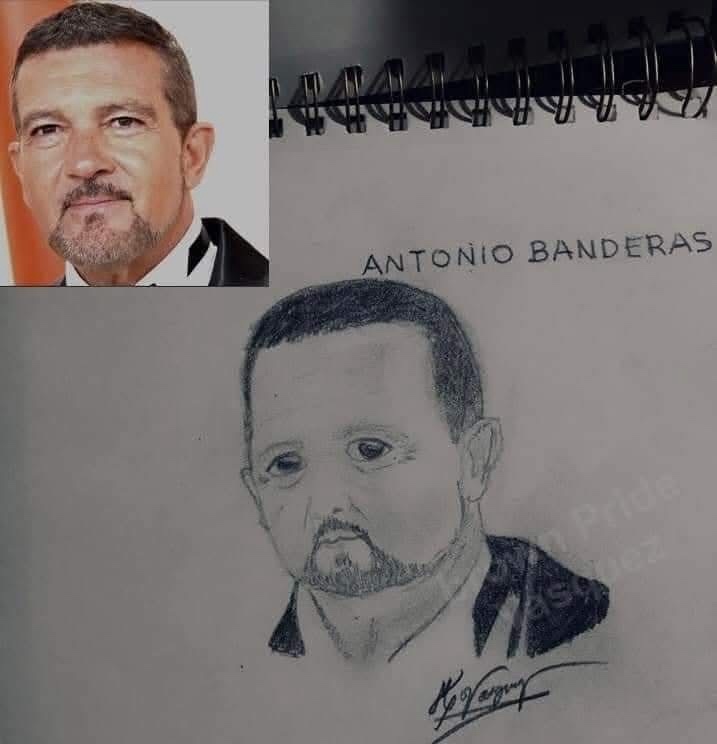A composite image shows a professional photo of actor Antonio Banderas in the top left corner, juxtaposed with a crude…