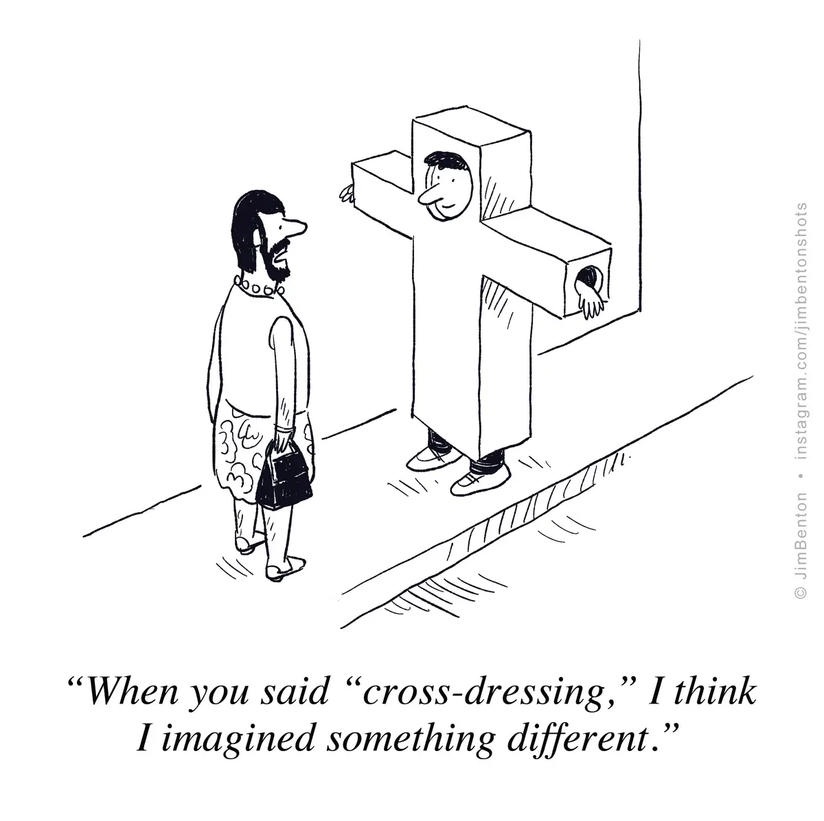 A black-and-white cartoon depicts a person in a dress and carrying a purse looking at another person wearing a large…