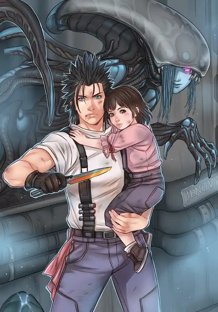 A muscular man with spiky black hair and blue eyes holds a young girl in his arms while wielding a knife. Behind them looms…