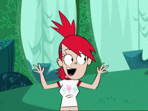 A cartoon girl with red spiky hair and a white t-shirt stands in a green forest, shown in six panels. Her expression changes…