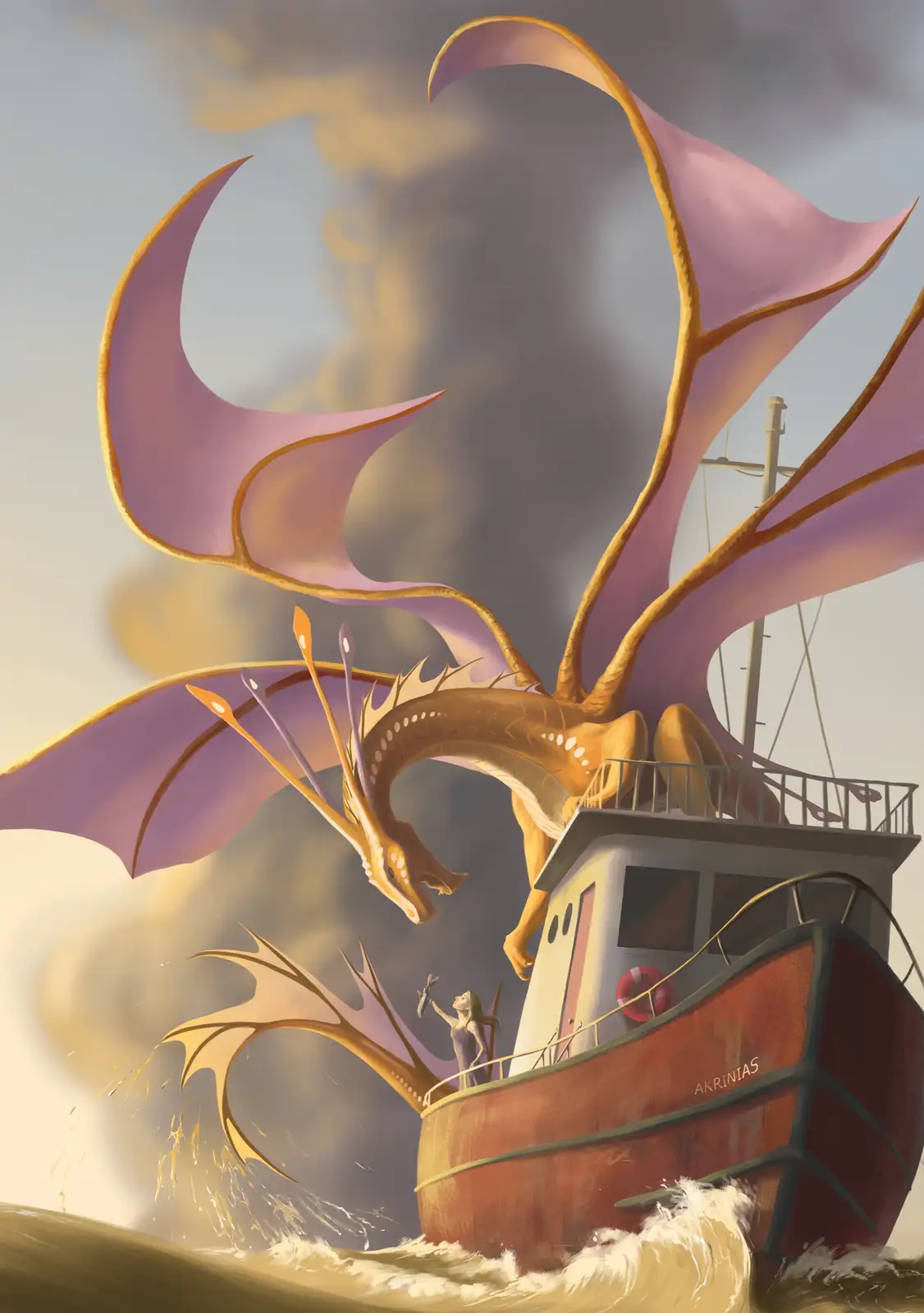 A large golden dragon with purple wings is perched atop a small fishing boat named 'AKRINIAS', while a woman on the deck…