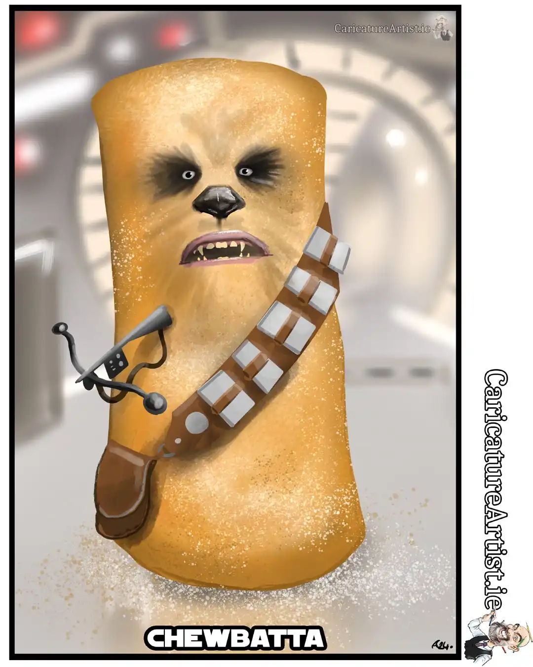 A cartoon image shows a golden-brown, cylindrical pastry resembling a baked good, with a face drawn on it that mimics the…