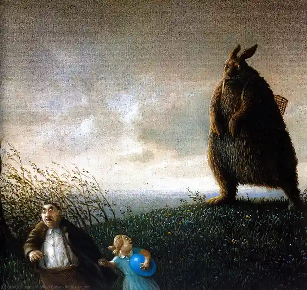 A painting depicts a terrified man and child looking up at a giant, menacing rabbit standing on a grassy hill with a basket…