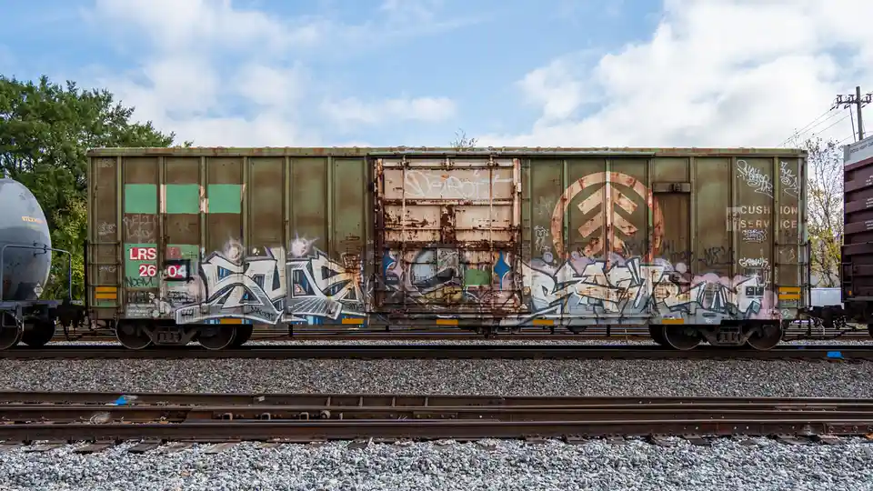 A rusty, graffiti-covered green freight train car sits on tracks under a partly cloudy sky, with visible text overlays…