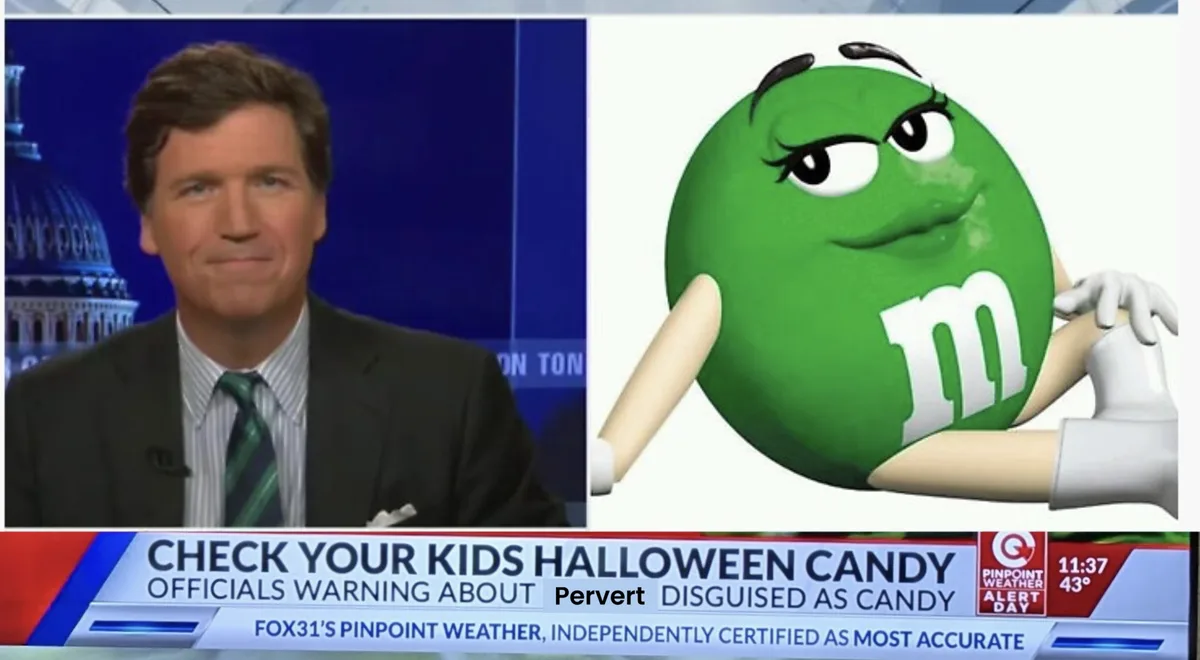 A split-screen image shows a news anchor on the left and a green M&M character on the right. The news banner below reads…
