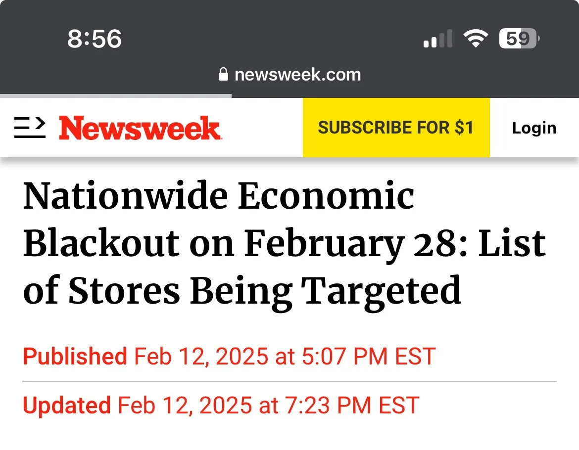 A screenshot of a Newsweek article headline on a smartphone browser, which reads 'Nationwide Economic Blackout on February…