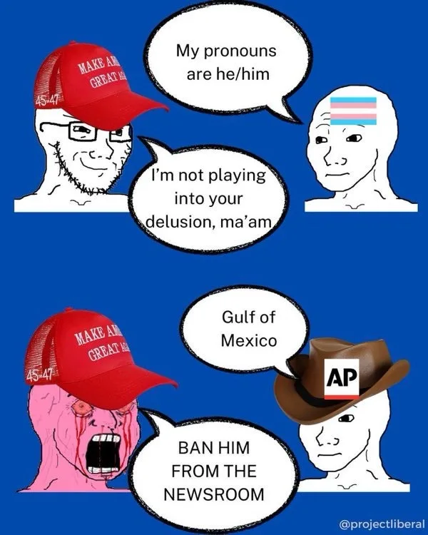 A two-panel meme featuring a cartoon man with a red 'Make America Great Again' hat and glasses. In the top panel, he tells a…