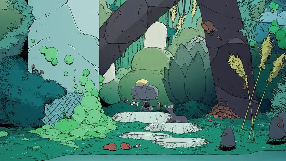 A small, gray, dome-headed robot stands on a stone platform in a lush, green forest with large rocks and plants. It holds a…
