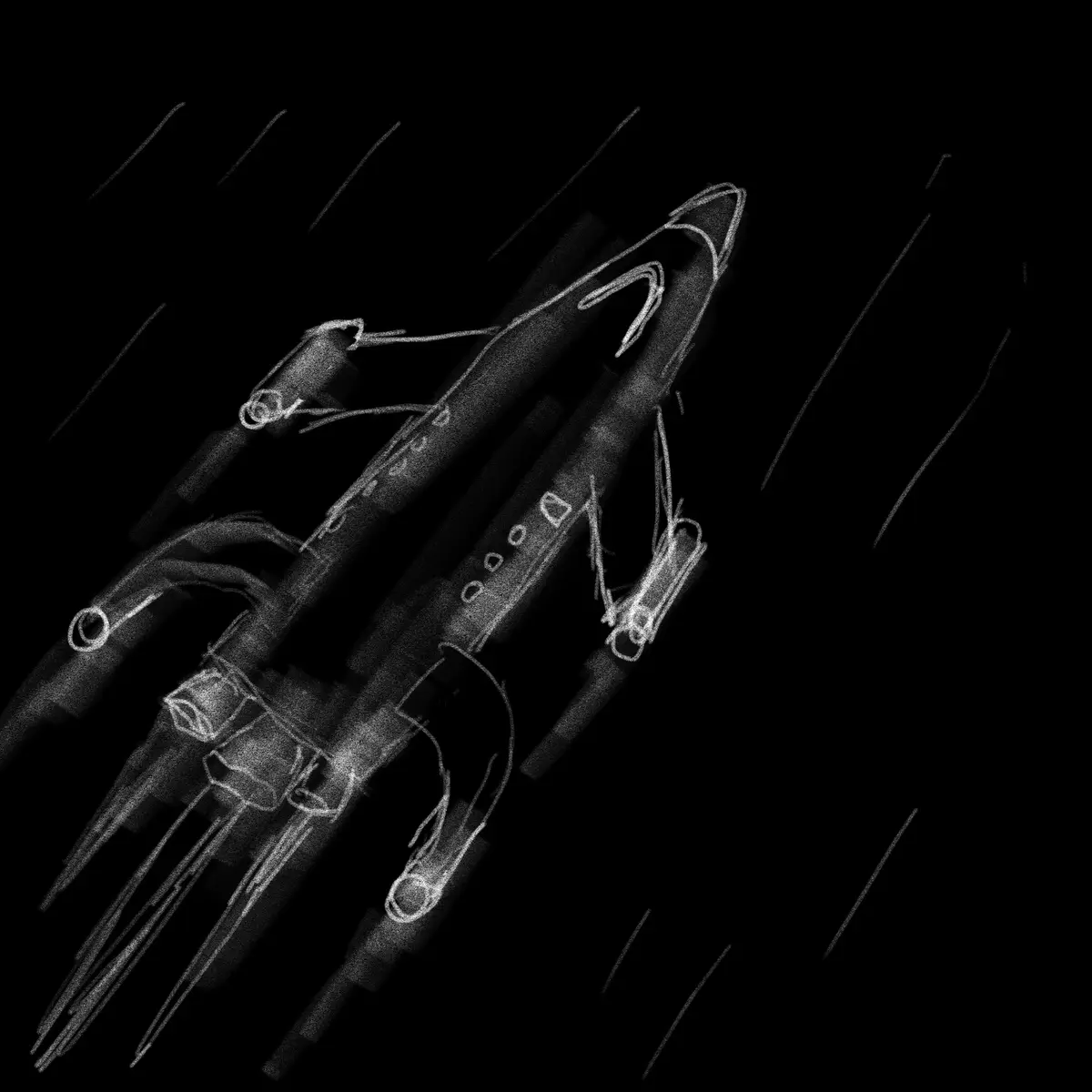 A black-and-white sketch of a stylized, angular spaceship with sharp lines and mechanical details, set against a dark…