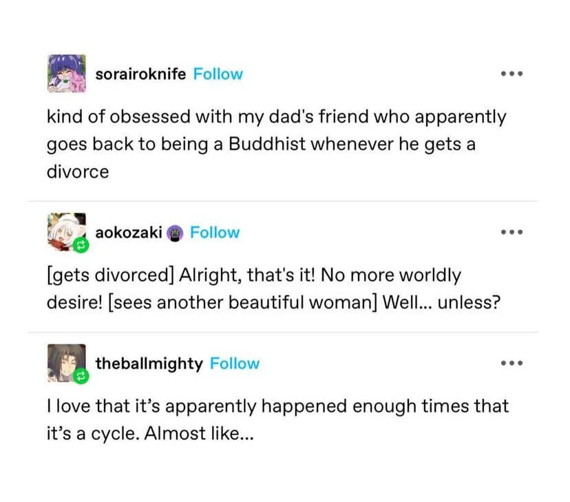 A screenshot of three social media comments discussing a person who reverts to Buddhism after divorce but then gets…
