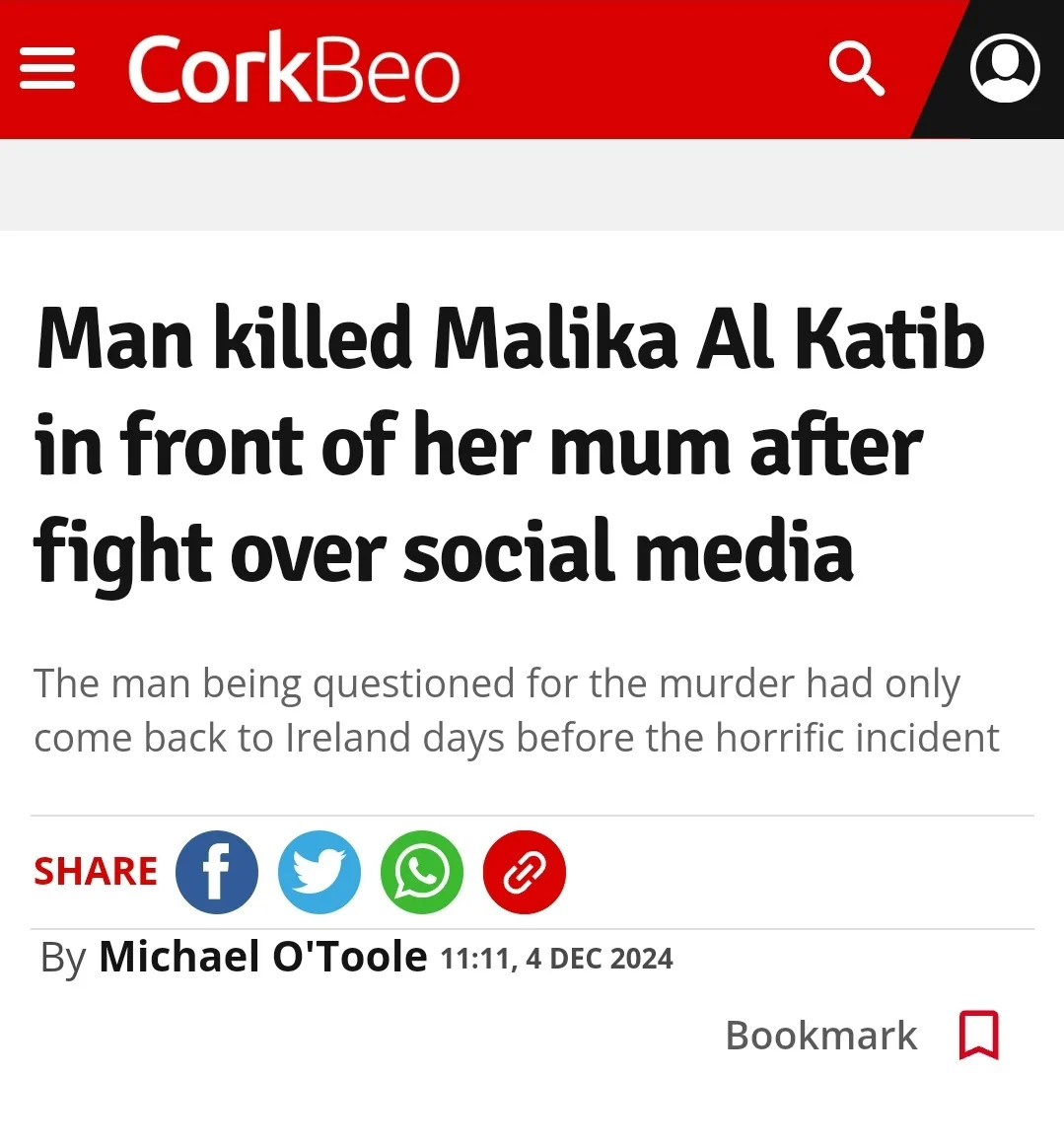 A screenshot of a CorkBeo news article with a bold headline stating 'Man killed Malika Al Katib in front of her mum after…