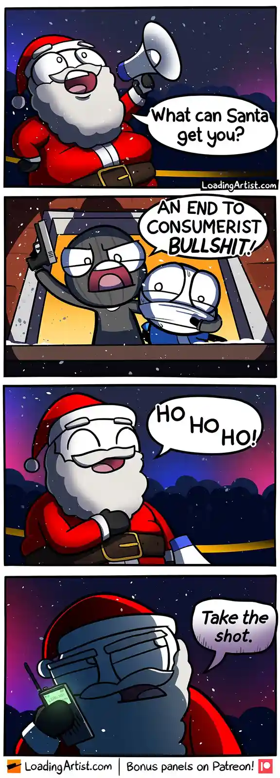 A four-panel comic shows Santa Claus asking what people want, then a masked figure demanding an end to consumerist bullshit…