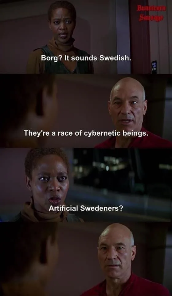 A four-panel meme from Star Trek: The Next Generation showing a character reacting to the Borg. The first panel shows her…