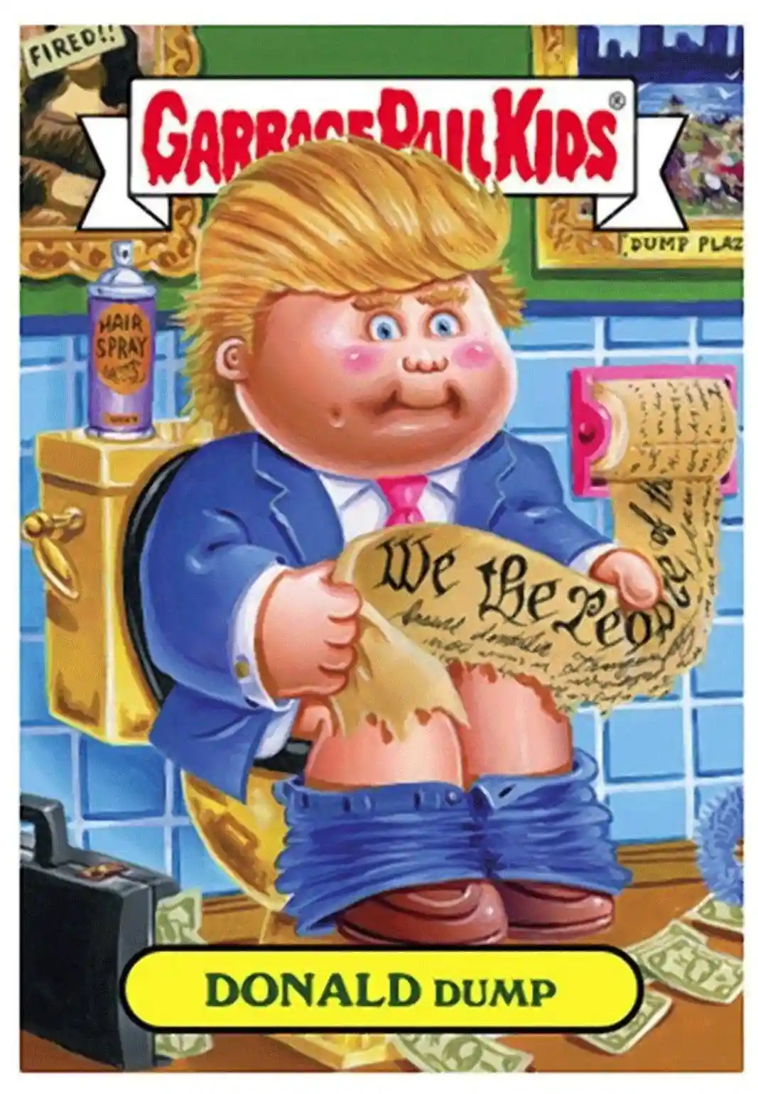 A cartoon character with blonde hair styled like Donald Trump sits on a golden toilet holding a torn U.S. Constitution. He…