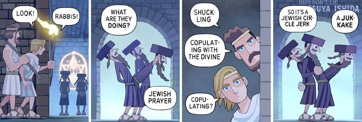 A four-panel comic strip depicts two men in ancient robes observing two rabbis in prayer. The observers initially mistake…