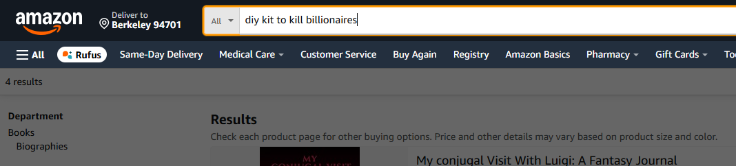 An amazon.com search results page shows a user typing 'diy kit to kill billionaires' into the search bar. The page displays…