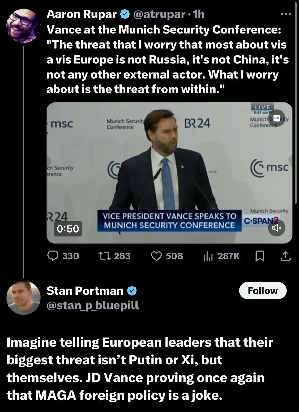 A screenshot of a tweet by Stan Portman showing a video clip of JD Vance speaking at the Munich Security Conference. The…