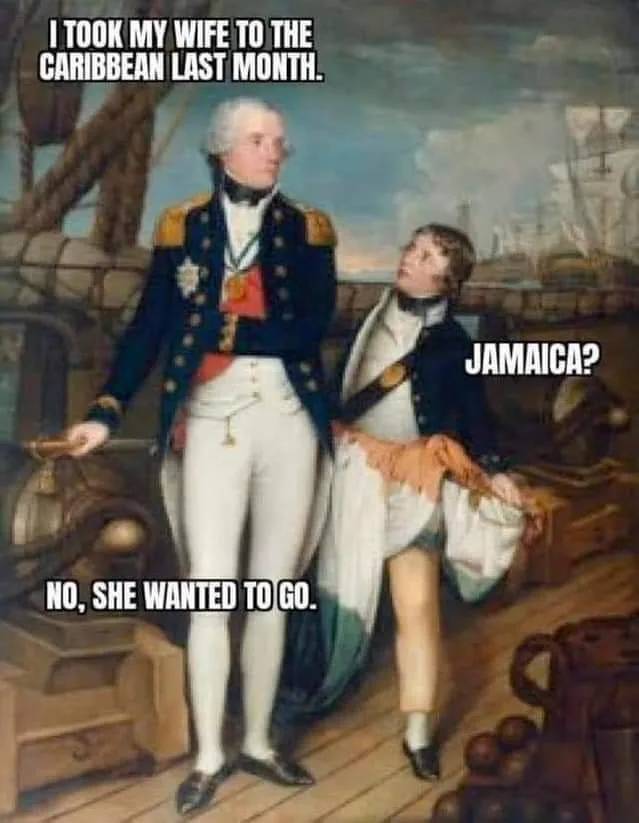 A historical painting depicts two men in 18th-century naval uniforms on a ship deck. The taller man, standing confidently…