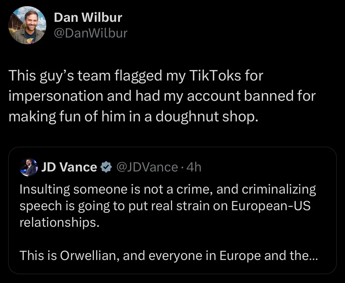 A screenshot of a tweet by Dan Wilbur showing that his TikTok account was banned for impersonation after making fun of JD…
