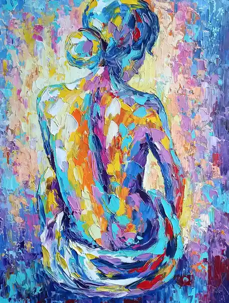 A vibrant, textured oil painting depicts the back of a nude female figure with her hair in a bun, rendered in thick…