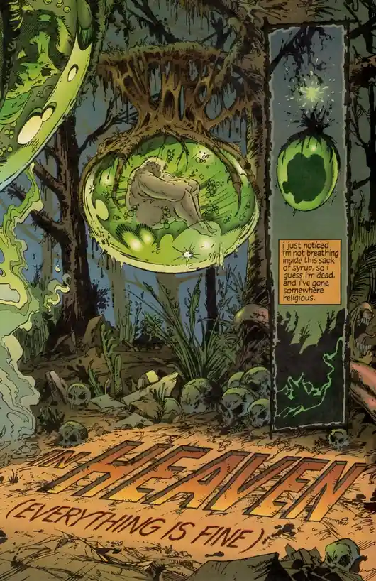 A comic panel depicts a person curled up inside a glowing green, syrup-like sac suspended in a dark, skull-strewn forest…