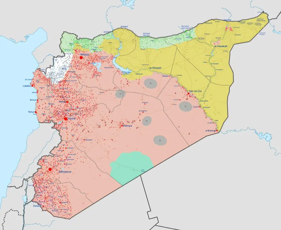 A map of Syria shows a dense cluster of red dots concentrated in the western and central regions, particularly around…