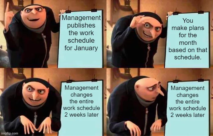 A four-panel meme using Gru from Despicable Me. Each panel shows Gru with a different expression while holding a sign. The…