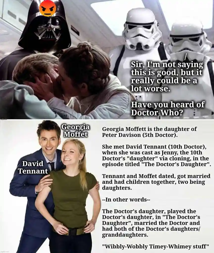 The top panel shows Darth Vader with an angry emoji over his head, watching Luke and Leia kiss while two stormtroopers stand…