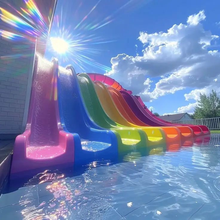 A row of brightly colored, rainbow-themed water slides extends into a pool under a sunny sky with lens flare. The slides are…