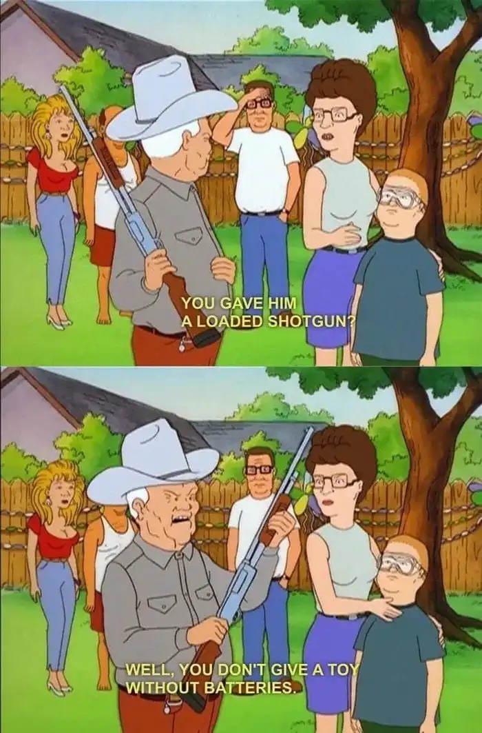 Two-panel cartoon image from 'American Dad!' shows an older man in a cowboy hat holding a shotgun while a woman asks if he…